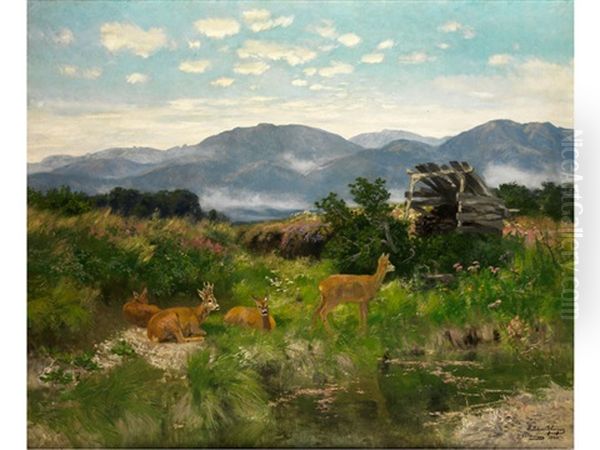 Oberbayerische Voralpenlandschaft Mit Rehrudel Oil Painting by Josef Schmitzberger