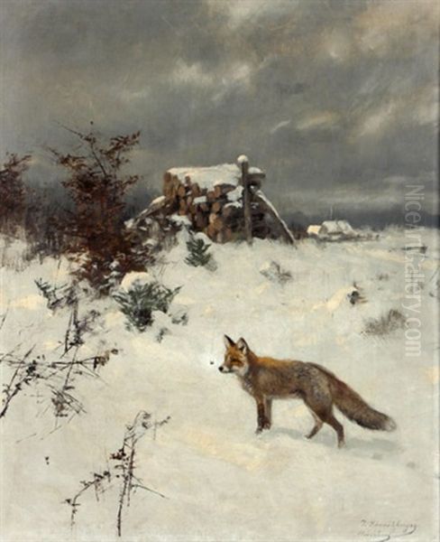 Fuchs In Verschneiter Landschaft Oil Painting by Josef Schmitzberger