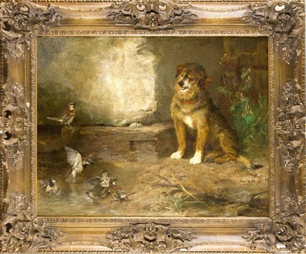 Hund Beobachtet Spatzen Beim Baden Oil Painting by Josef Schmitzberger