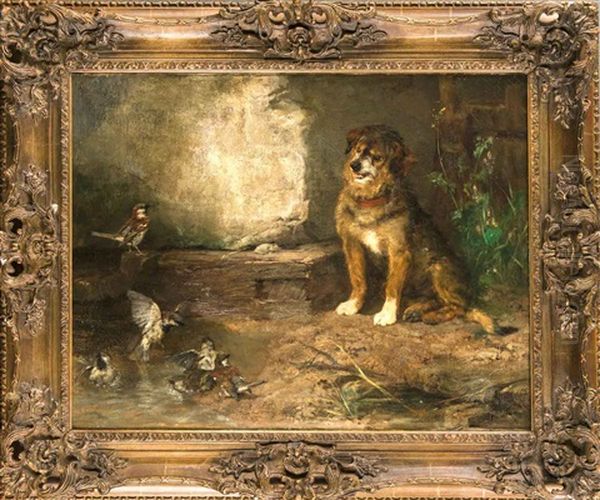 Hund Beobachtet Spatzen Beim Baden Oil Painting by Josef Schmitzberger