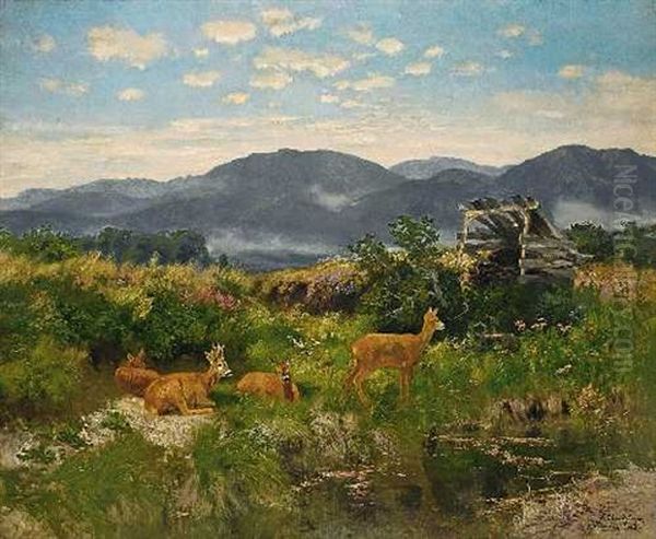 Rehe In Bluhender Moorlandschaft Oil Painting by Josef Schmitzberger