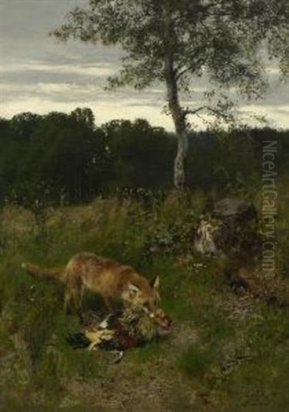 Fuchs Mit Beute Auf Der Waldlichtung by Josef Schmitzberger