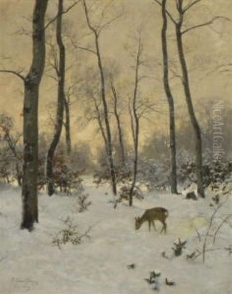 Reh Im Winterwald Oil Painting by Josef Schmitzberger