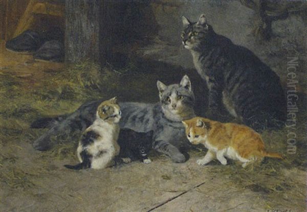 Cats And Kittens Oil Painting by Josef Schmitzberger