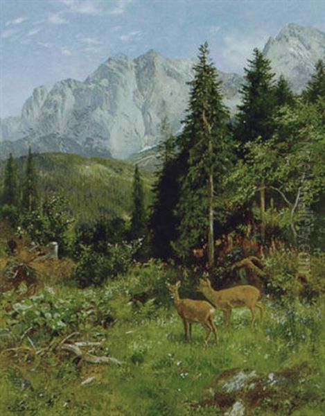 Rehwild Am Waldesrand Oil Painting by Josef Schmitzberger