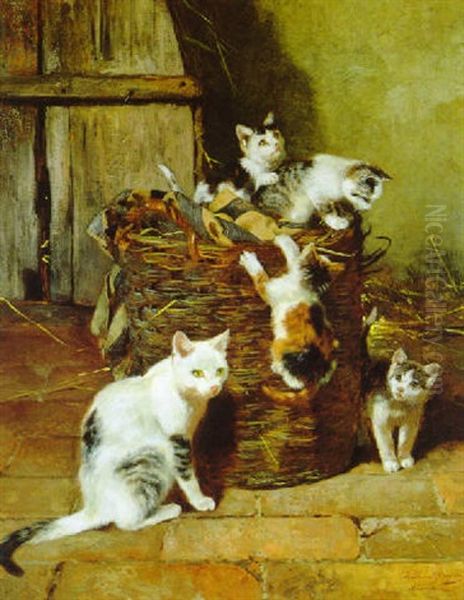 Katzenmutter Mit Ihren Jungen Oil Painting by Josef Schmitzberger