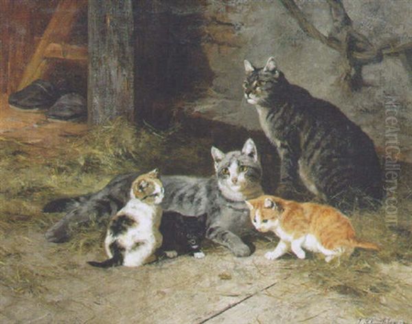 A Family Of Felines Oil Painting by Josef Schmitzberger