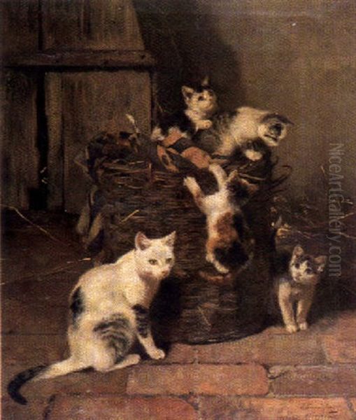 Funf Katzen Beim Spiel An Einem Korb Oil Painting by Josef Schmitzberger