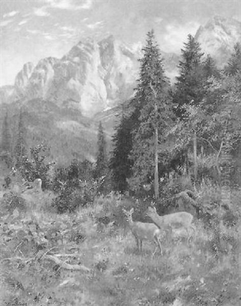 Rehwild Am Waldesrand (mit Blick Auf Den Wilden Kaiser In Tirol) Oil Painting by Josef Schmitzberger