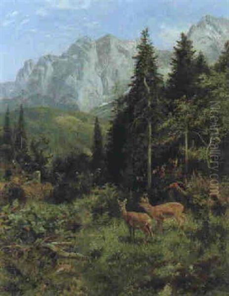 Rehwild Am Waldesrand (mit Blick Auf Den Wilden Kaiser In Tirol) Oil Painting by Josef Schmitzberger