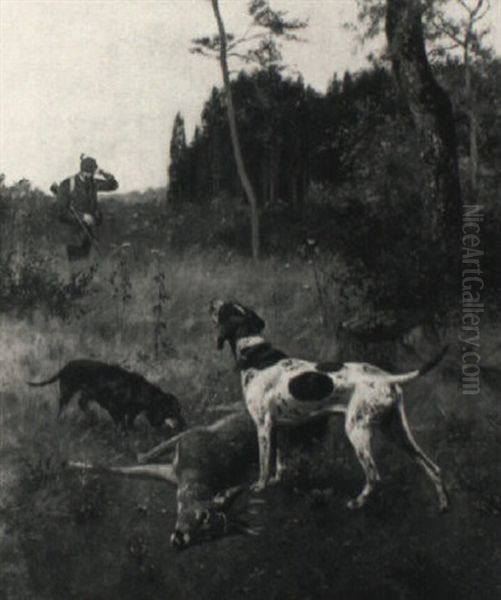 Pointer Und Dackel Bei Einem Erlegten Rehbock Oil Painting by Josef Schmitzberger