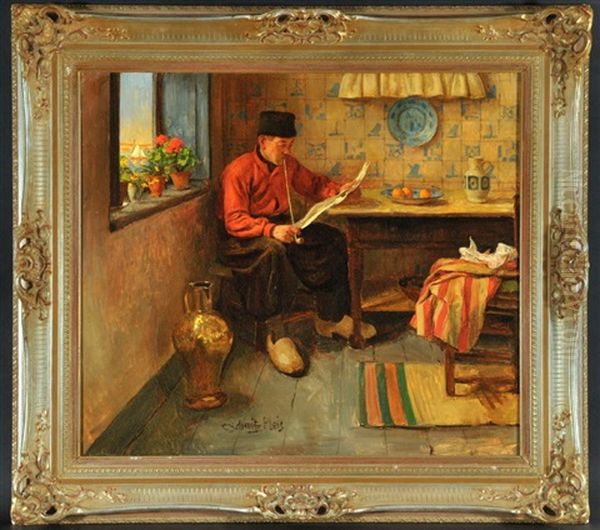 Niederlandisches Stubeninterieur Mit Lesendem Herren Am Tisch Oil Painting by Carl Schmitz-Pleis