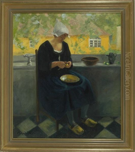 Hollandisches Madchen Beim Kartoffeln Schalen Auf Der Terrasse Oil Painting by Carl Schmitz-Pleis