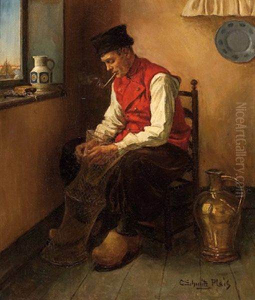 Pfeife Rauchender Fischer In Der Stube Oil Painting by Carl Schmitz-Pleis