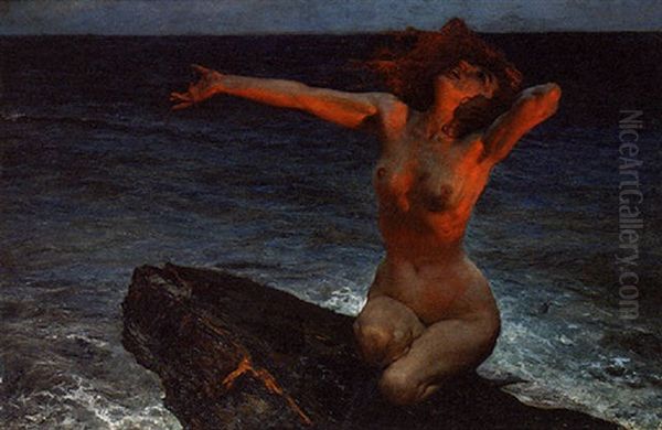 A Nude On The Beach Oil Painting by Leopold Schmutler