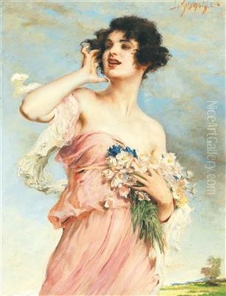 Young Beauty With Bouquet Of Flowers Oil Painting by Leopold Schmutzler