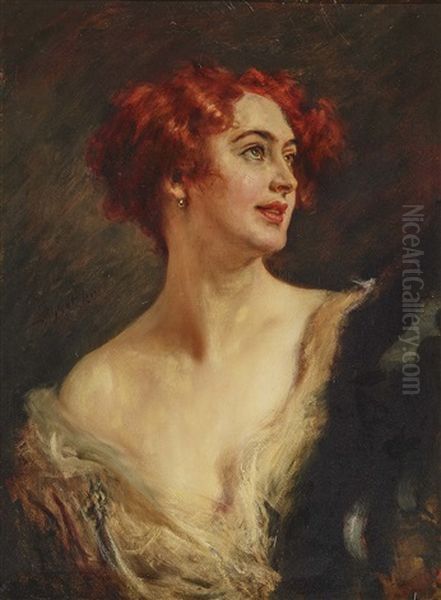 Portrait Of A Red-haired Lady With Pearl Earrings Oil Painting by Leopold Schmutzler