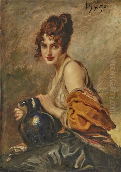 Young Lady With Jug Oil Painting by Leopold Schmutzler