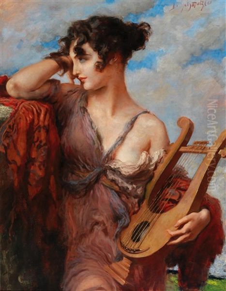 Woman With Lyre Oil Painting by Leopold Schmutzler