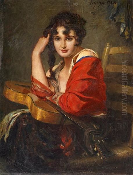 Portrat Einer Jungen Dame Mit Gitarre Oil Painting by Leopold Schmutzler