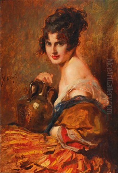 A Beauty With Wine Carafe Oil Painting by Leopold Schmutzler