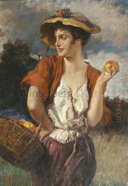 Junge Frau Mit Apfelkorb Oil Painting by Leopold Schmutzler