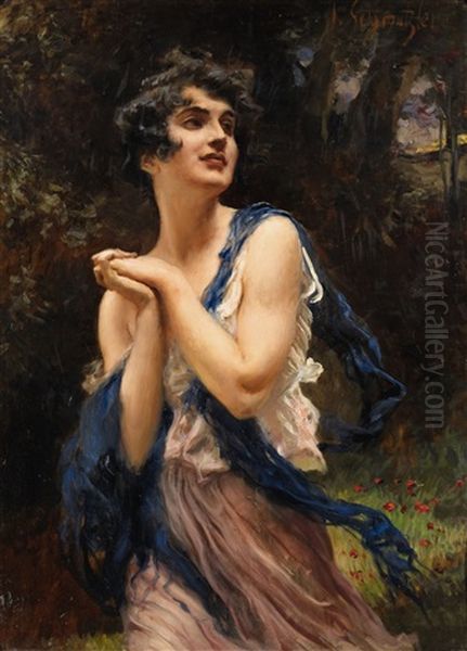 A Young Woman With A Blue Scarf Oil Painting by Leopold Schmutzler