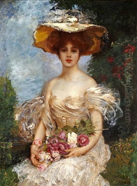 A Portrait Of An Elegant Woman Seated In A Garden Holding A Bouquet Of Roses Oil Painting by Leopold Schmutzler