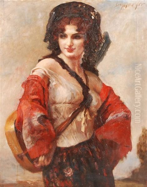 Stehende Gitarristin Oil Painting by Leopold Schmutzler