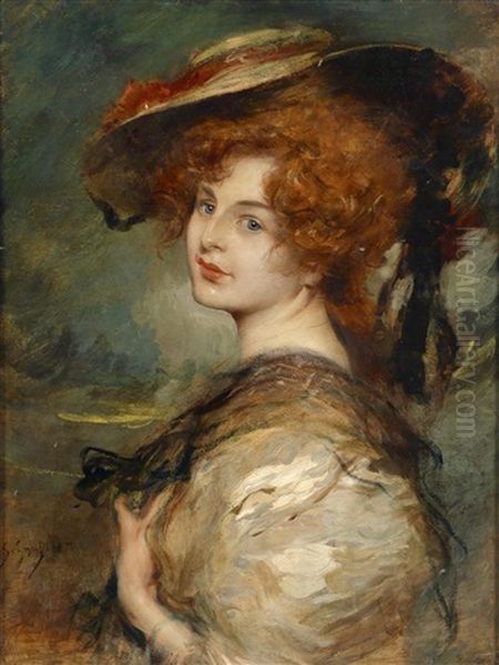 Bildnis Einer Dame Mit Rotem Haar Und Hut Oil Painting by Leopold Schmutzler