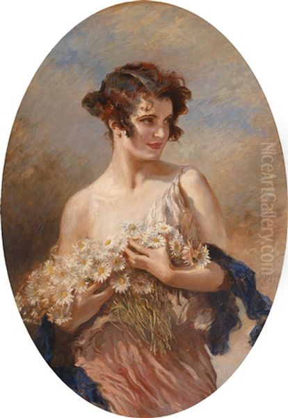 Dame Mit Margeritenstraus Oil Painting by Leopold Schmutzler