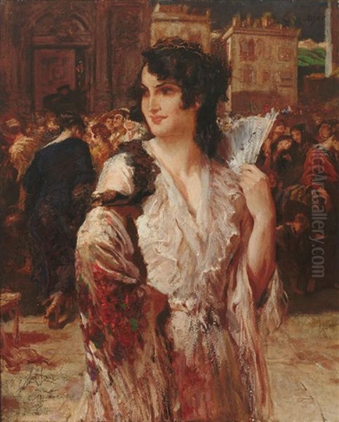 Portrait Einer Sudlanderin Auf Belebtem Platz Oil Painting by Leopold Schmutzler