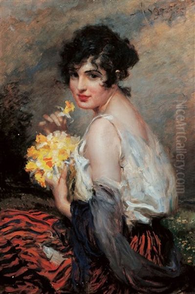 Dame Mit Blumenstrauss Oil Painting by Leopold Schmutzler