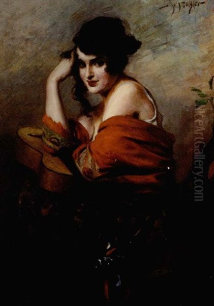 A Young Beauty Seated Wearing A Red Shawl And Leaning On A Guitar Oil Painting by Leopold Schmutzler