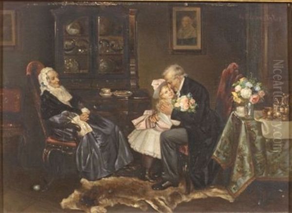 A Visit To Her Grandparents' House Oil Painting by Leopold Schmutzler