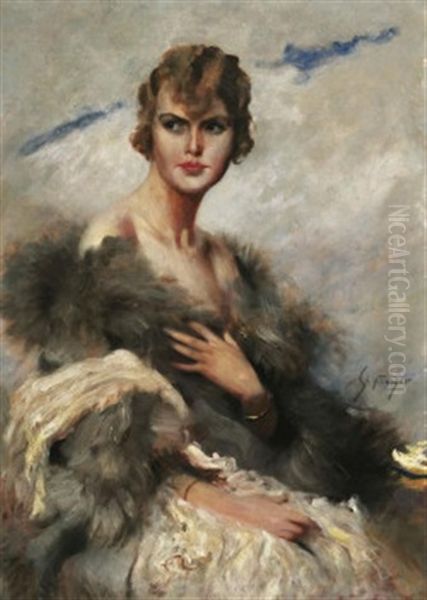 Portrat Einer Jungen Dame Mit Federboa Oil Painting by Leopold Schmutzler