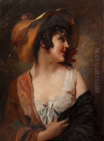 Bildnis Einer Jungen Dame Mit Hut Oil Painting by Leopold Schmutzler