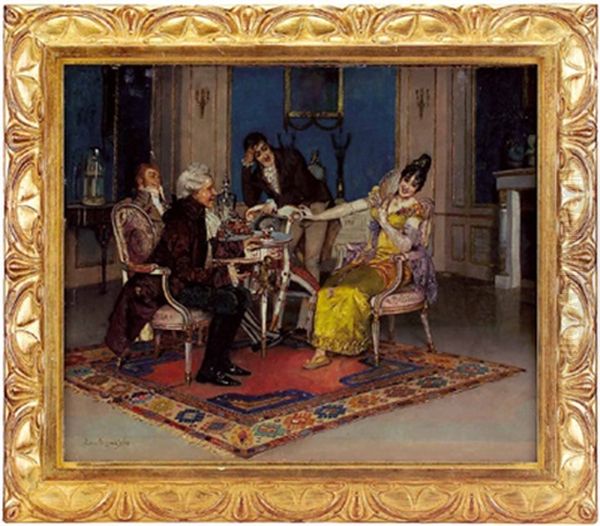 Junge Dame Und Drei Verehrer Im Salon Oil Painting by Leopold Schmutzler