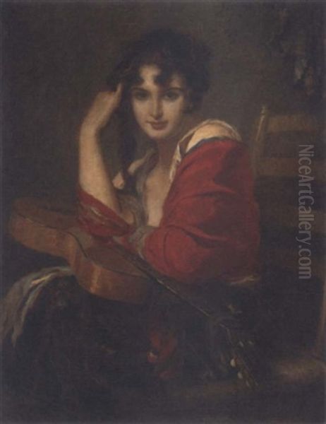 A Young Beauty Seated With A Guitar Oil Painting by Leopold Schmutzler