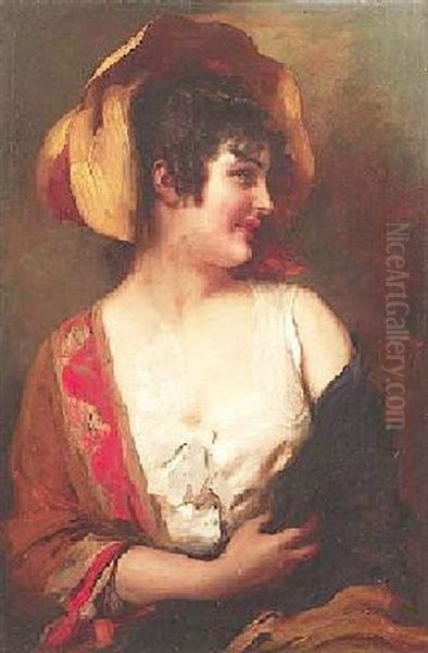 Portrat Einer Jungen Dame In Rotem Kleid Oil Painting by Leopold Schmutzler