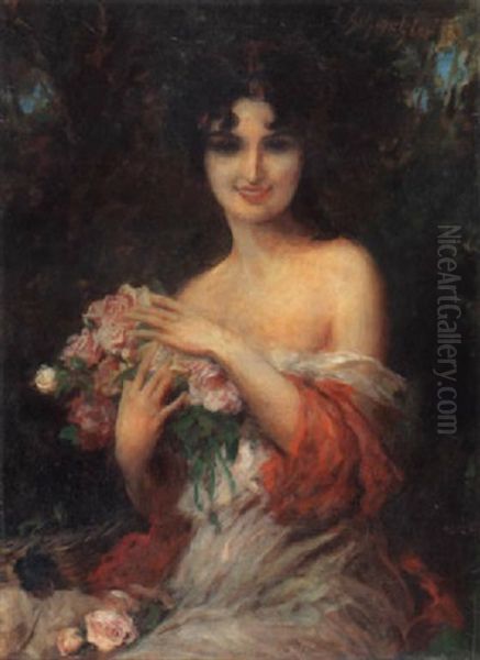 Junge Dame Mit Rosenbouquet Oil Painting by Leopold Schmutzler