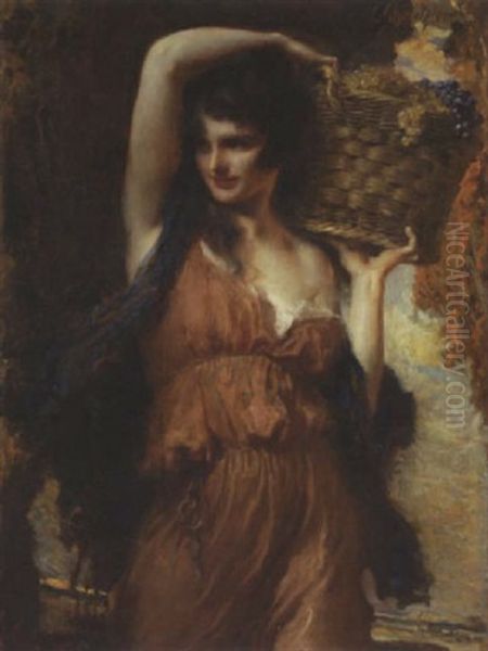 Junge Frau Mit Einem Korb Weintrauben Oil Painting by Leopold Schmutzler