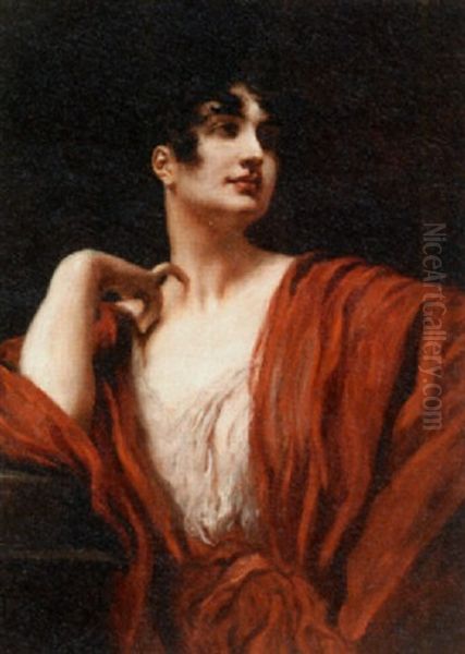 Portrait Of An Elegant Lady In A Red Dress Oil Painting by Leopold Schmutzler