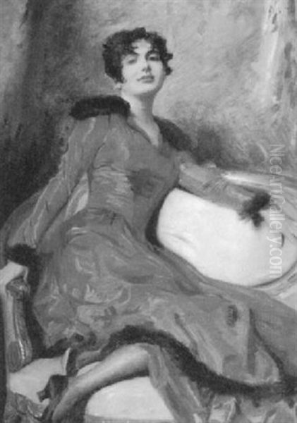 Dame In Rot Auf Dem Sofa Oil Painting by Leopold Schmutzler