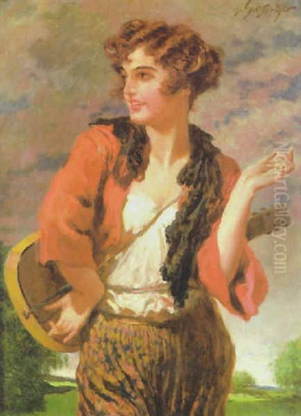 Junge Schonheit Mit Gitarre Oil Painting by Leopold Schmutzler