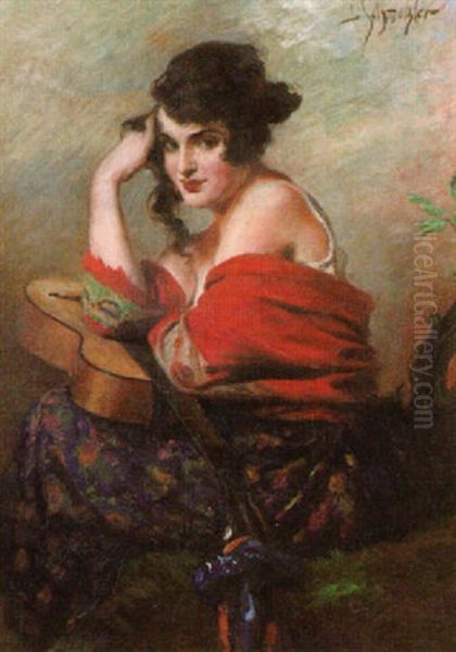 Young Gypsy Beauty And Her Guitar Oil Painting by Leopold Schmutzler