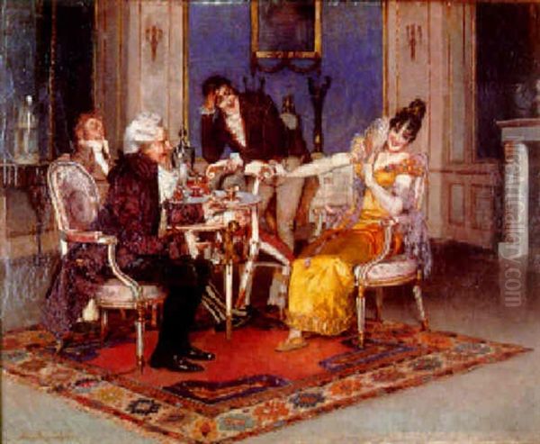 Interior Scene Tea Party Oil Painting by Leopold Schmutzler