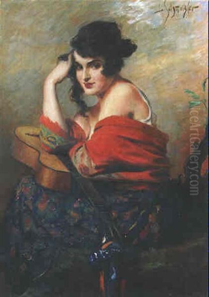 A Spanish Beauty With A Guitar Oil Painting by Leopold Schmutzler