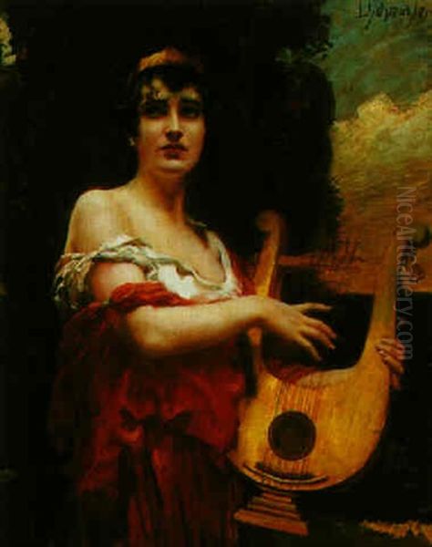 A Lady Playing The Lyre Oil Painting by Leopold Schmutzler