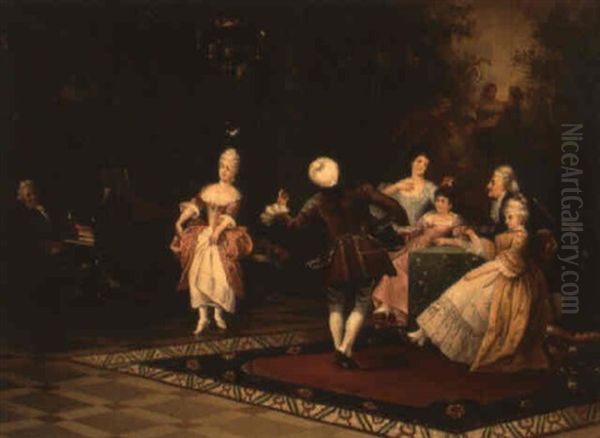 Parlor Scene With Ladies And Gentleman Dancing And Gossiping Oil Painting by Leopold Schmutzler